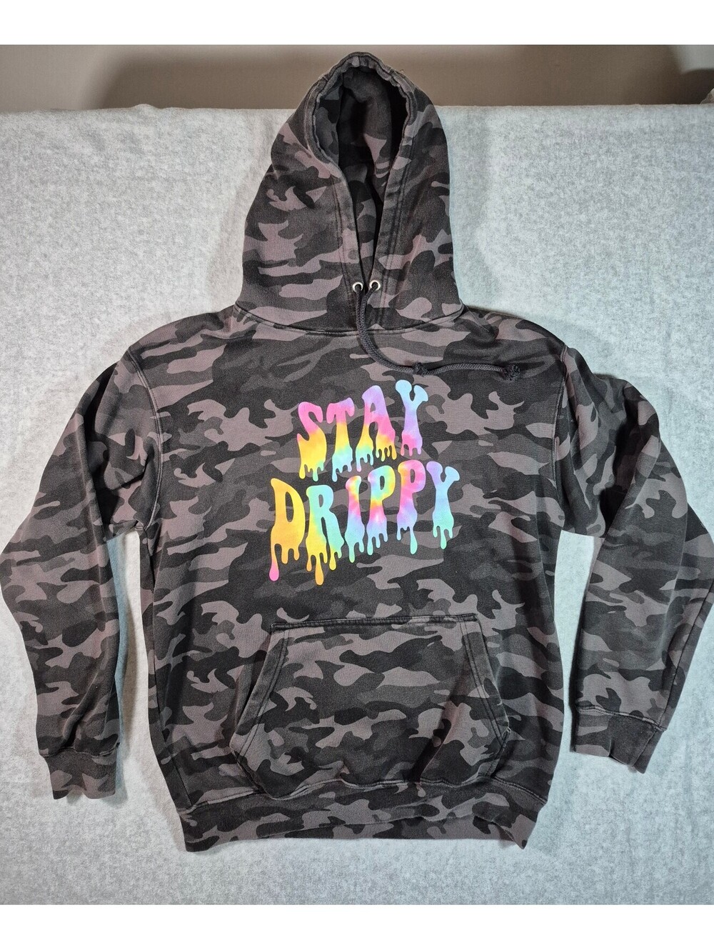 Zuni Sportswear Large Stay Drippy Camo Hoodie Black Gray Graphic Sweatshirt